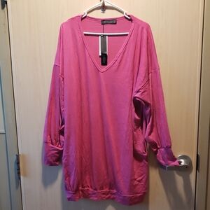 Zanzea Hot Pink V-Neck Loose Long Sleeve Tunic Mini Dress Size XXL